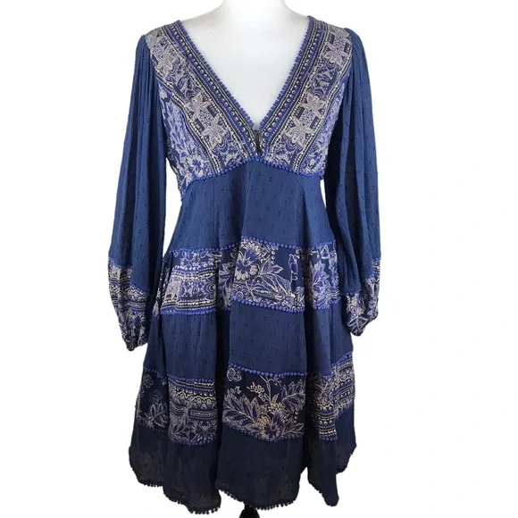 Free People My Love Mini Dress Sz Small S Indigo Blue Pom Pom Paisley Boho Chic - Picture 2 of 15